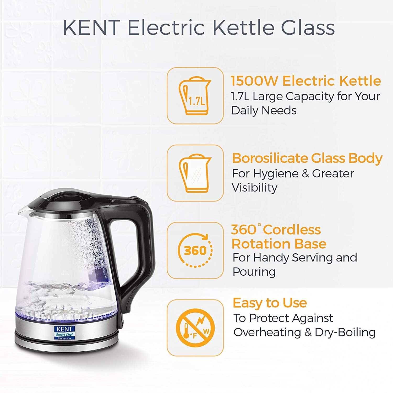 Peach Street Red Electric Kettle, 1.7L - Speed-Boil, Borosilicate Glas