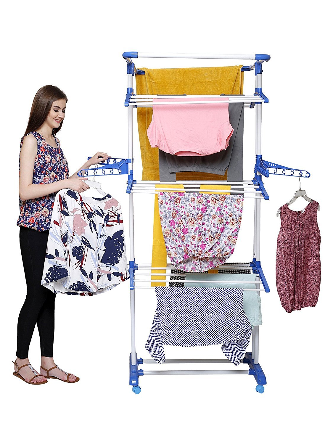 Buy Clothes Drying Stands , 3 Tier Collapsible Rolling Dryer Clothes Hanger  Rack Rail Stand with Side Wings, Stainless Steel Clothes Airer for Laundry,  Sky Blue, [Made in India] 2 Year Manufacturer