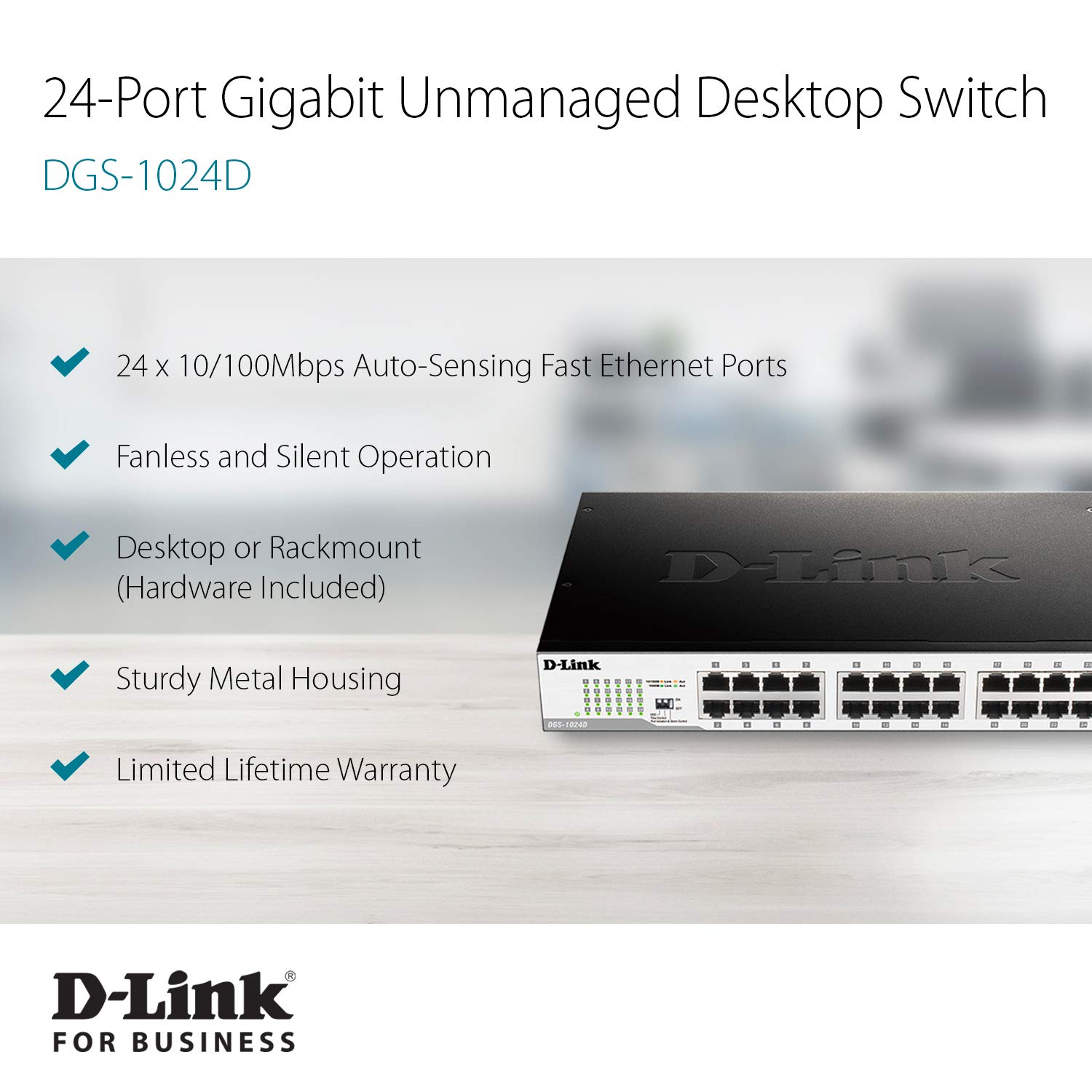 D-Link Ethernet Switch, 8 Port Gigabit Unmanaged Metal Fanless Desktop or  Wall Mount Design (DGS-108), Black