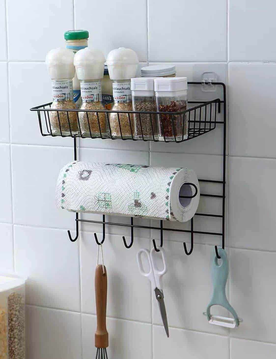 HOME CUBE 1 Pc Multipurpose Kitchen Bathroom Shelf with Tissue Roll  Dispenser & 6 Hooks Wall Holder Storage Rack for Refrigerator Broadside  Storage Box Strong Magic Sticker Shower Rack (Black) - Hungamastart